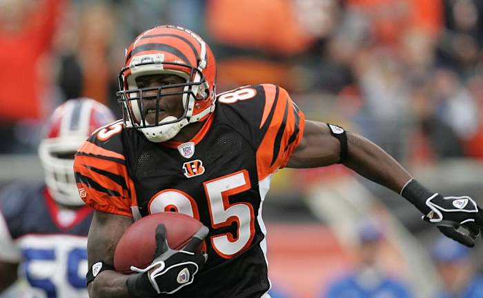 Dec 24, 2005; Cincinnati, OH, USA; Cincinnati Bengals wide receiver (85) Chad Johnson runs for a touchdown against the Buffalo Bills at Paul Brown Stadium. Mandatory Credit: Tom Szczerbowski-USA TODAY Sports Copyright © 2005 Tom Szczerbowski